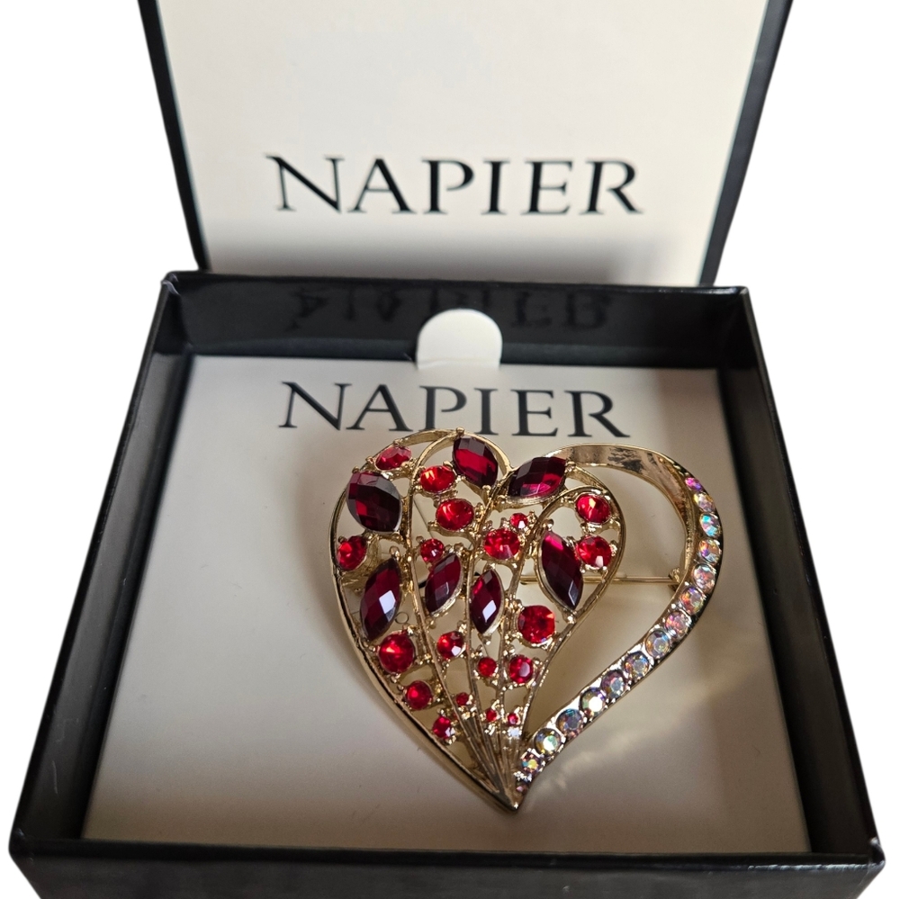 NIB Napier Gold Heart Red and Iridescent Rhinestone Brooch Pin